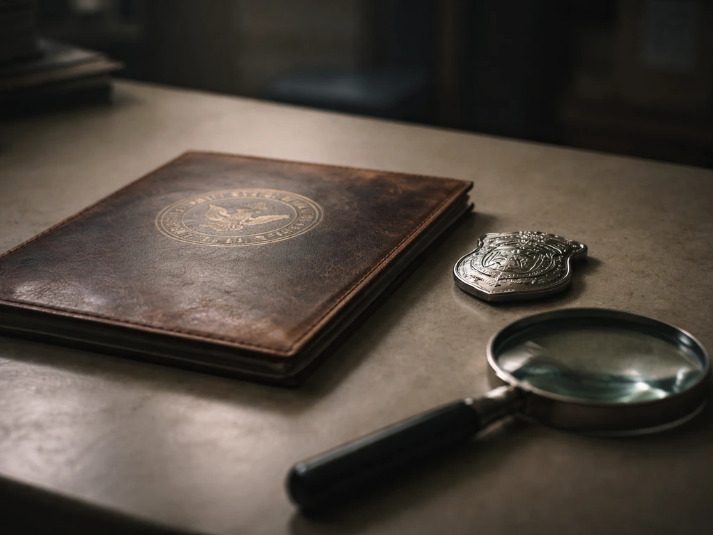 Anonymous police evidence desk with a generic badge token and folder in an Atlanta-style setting.