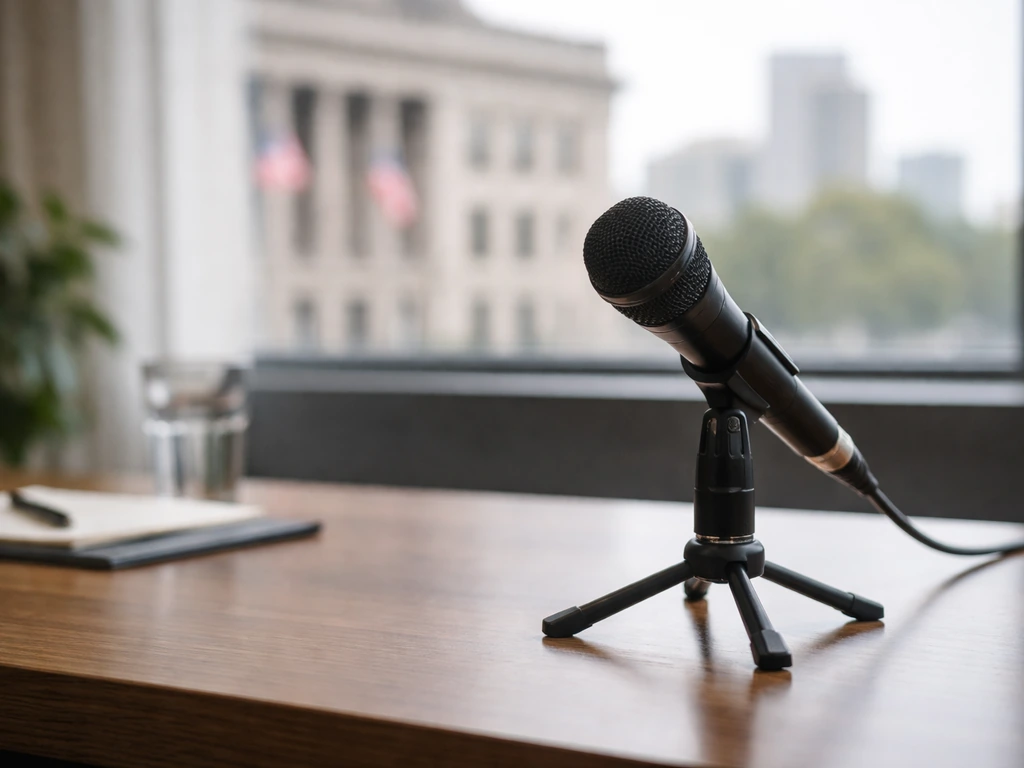 Minimal newsroom scene with a microphone on a desk, suggesting public service career signals