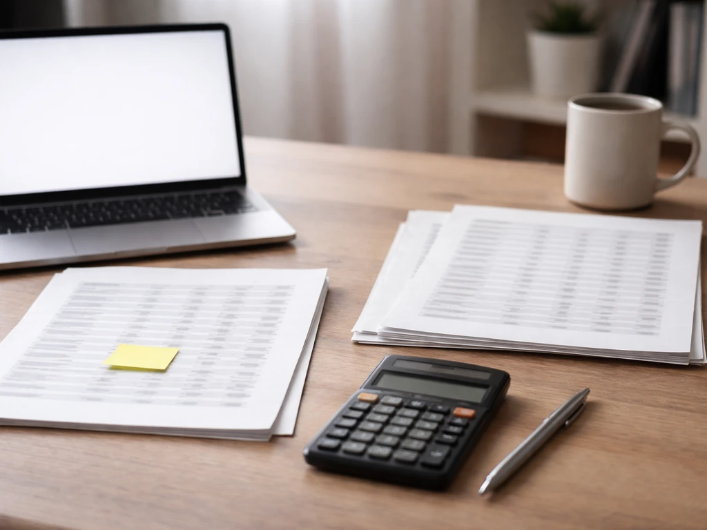 Minimal desk scene with calculator and blurred printouts suggesting multiple net-worth sources being compared.