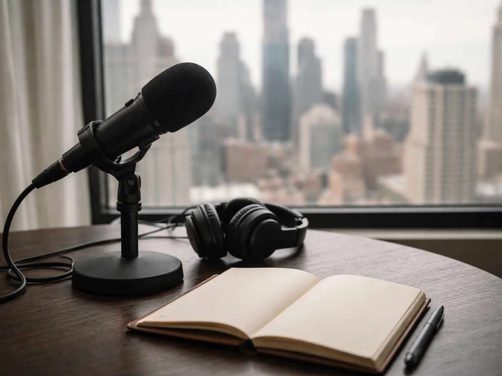 Close-up of a studio desk with microphone and headphones, with a New York skyline window backdrop.