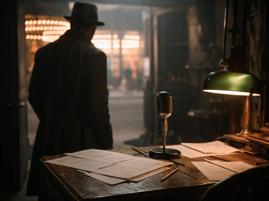 Cinematic film-set scene with an out-of-focus silhouette, vintage microphone, and moody production atmosphere.