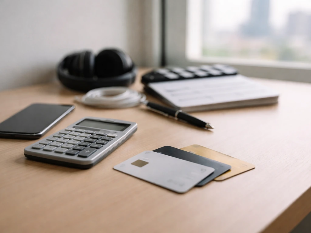 Minimal desk scene with a smartphone, calculator, and scattered media clips symbolizing net worth estimation.