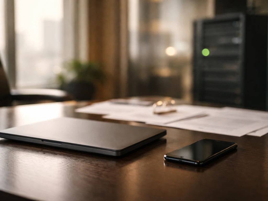 Minimal corporate desk scene suggesting a major software acquisition and wealth event.