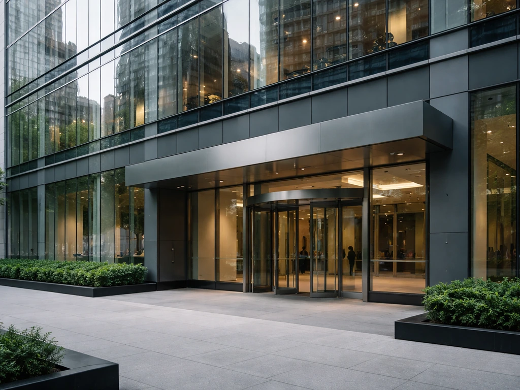 Exterior view of a modern office building with subtle venture-capital signage, hinting at Toba Capital