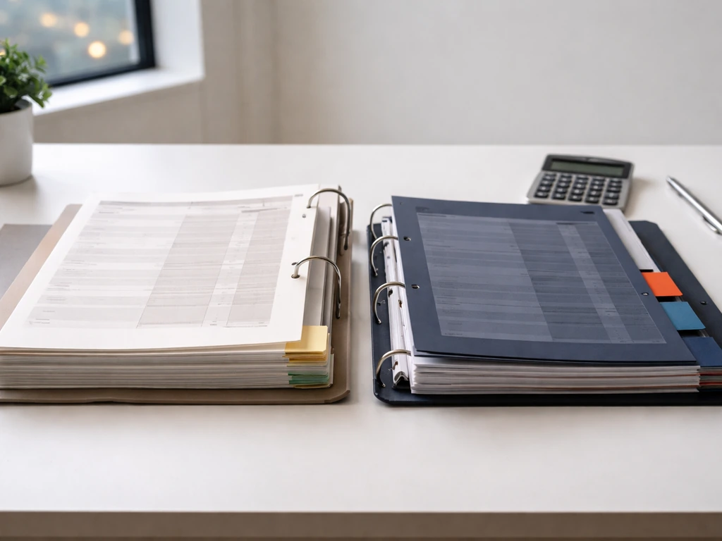 Overhead view of an uncluttered desk with two folders of financial papers and a calculator, suggesting assets vs liabili