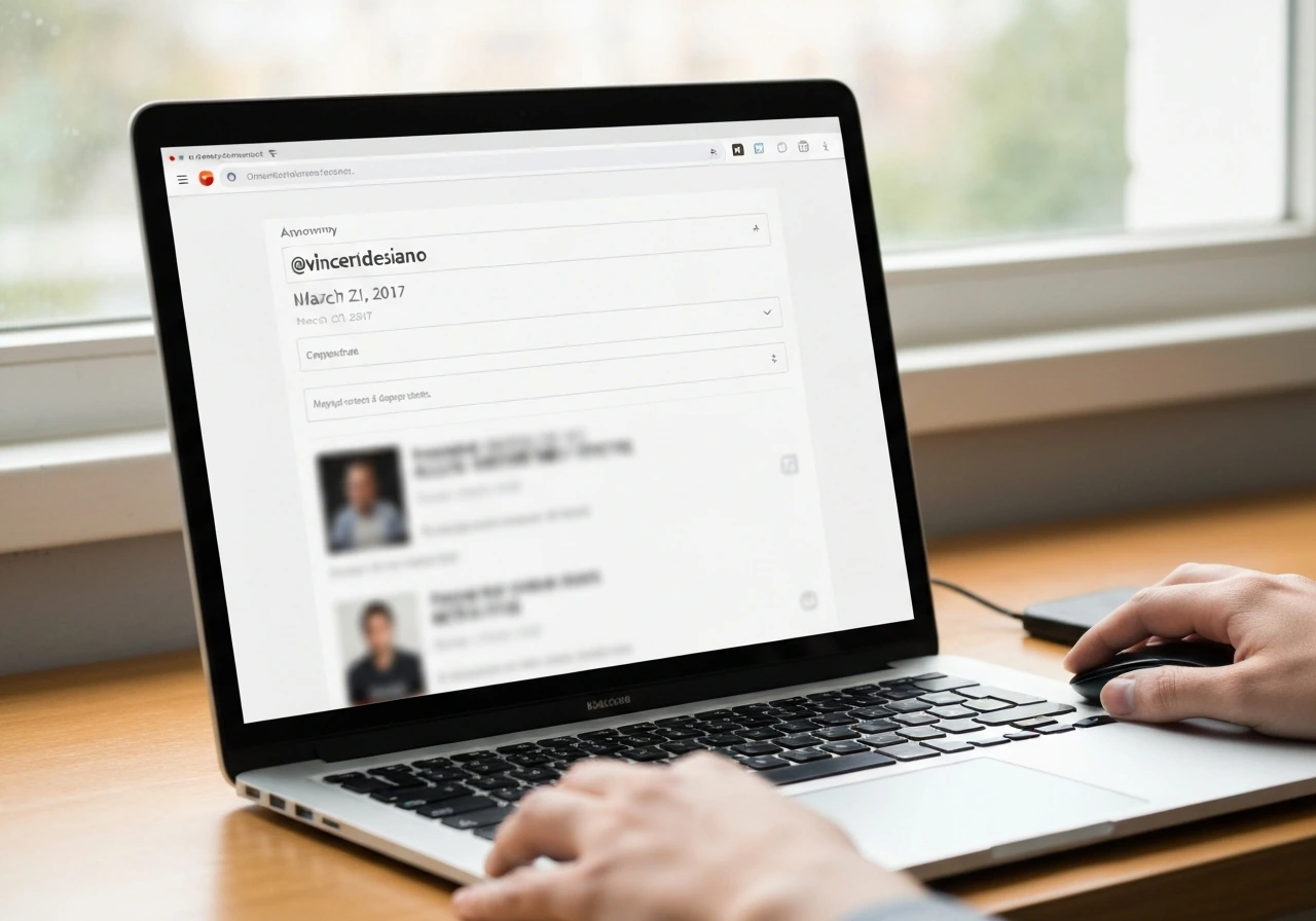 Laptop with a blurred YouTube channel page showing @vincentdesiano and March 21, 2017 date.