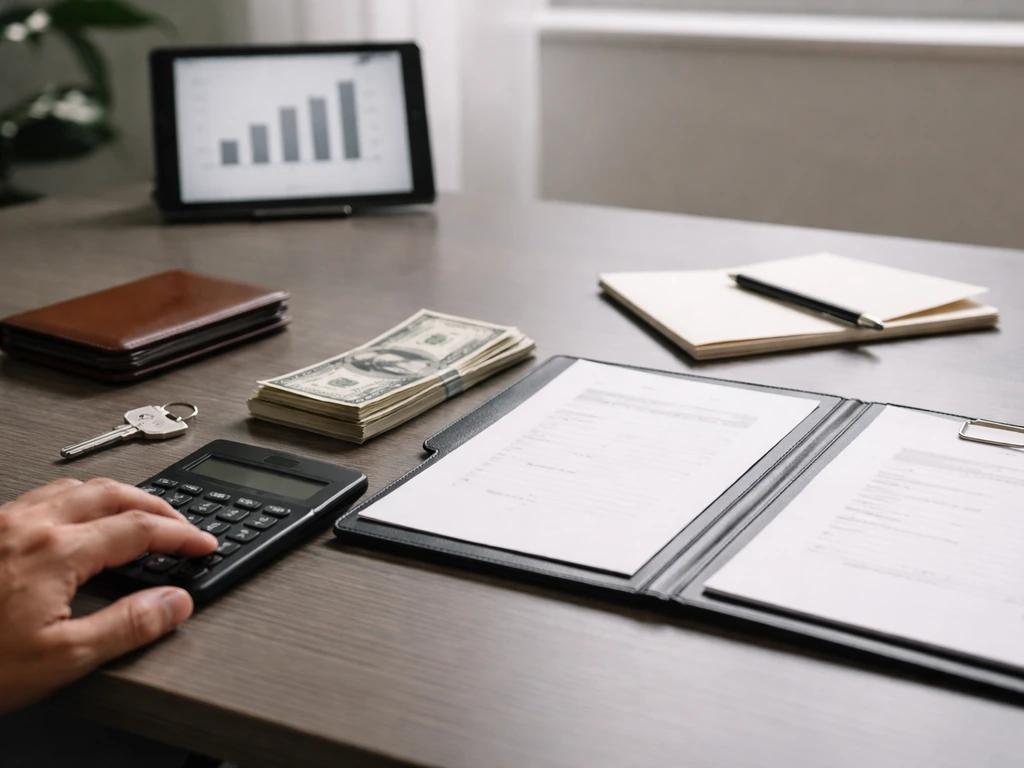 Minimal office desk scene with a calculator, cash, and a tablet showing a blurred finance chart backdrop