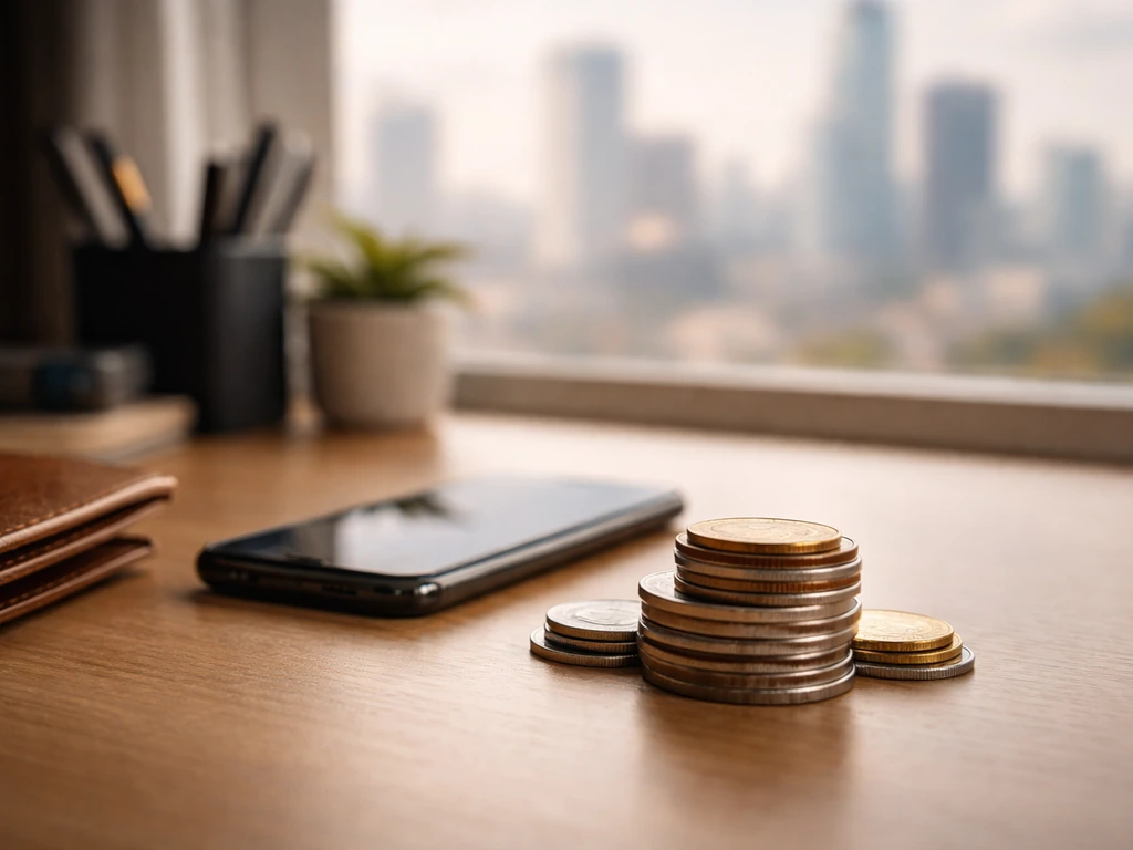 Minimal photo of a coin stack and a smartphone on an office desk, symbolizing millions-level net worth estimates