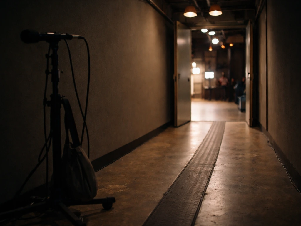 Warm-lit studio hallway with vintage theater lights, evoking a long daytime TV acting career.