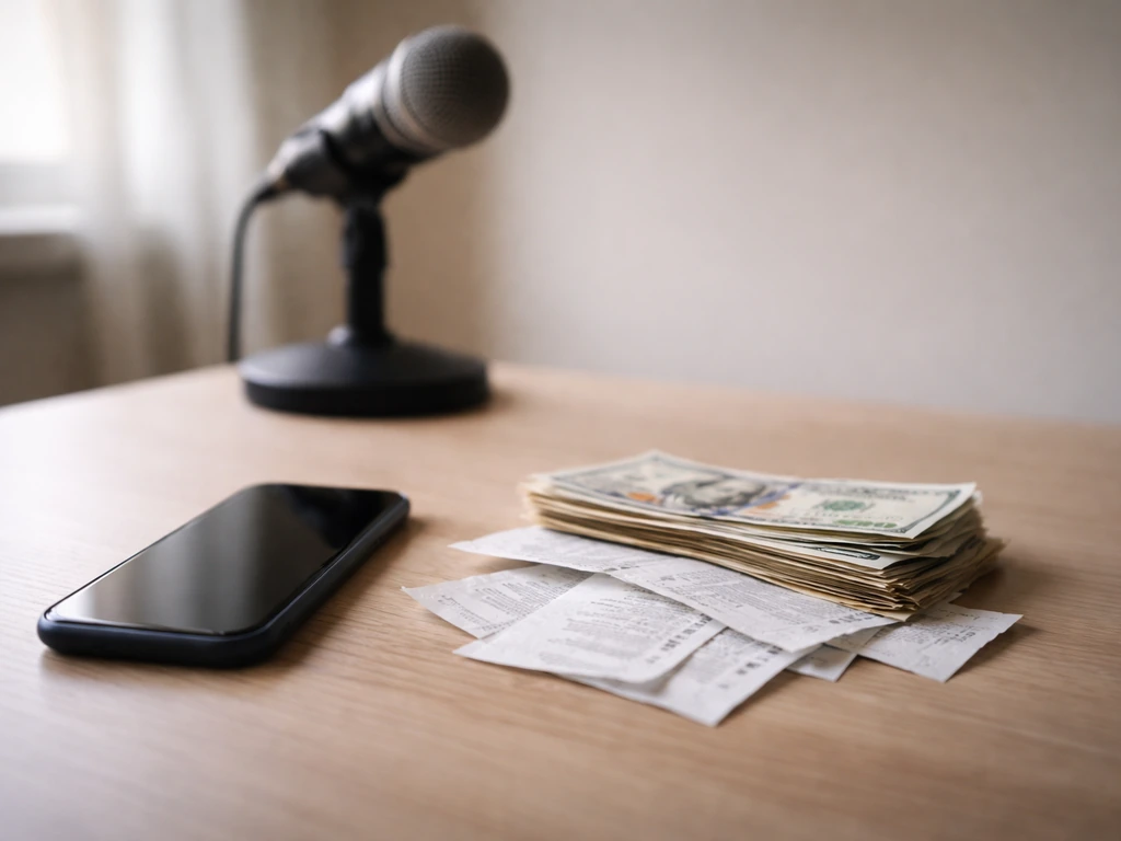 Office desk with scattered cash and a smartphone beside a studio microphone, suggesting uncertain estimates