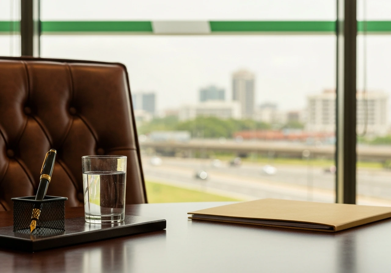 Close-up of an office desk with a classic pen holder, Nigerian flag-toned backdrop blur, and a leather chair