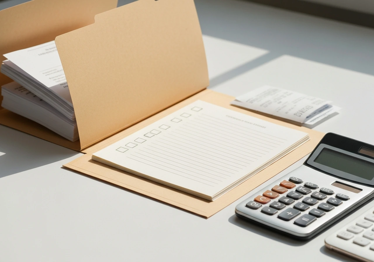 Close-up of an unlabeled office desk with documents, checklist notebook, calculator, and receipts.