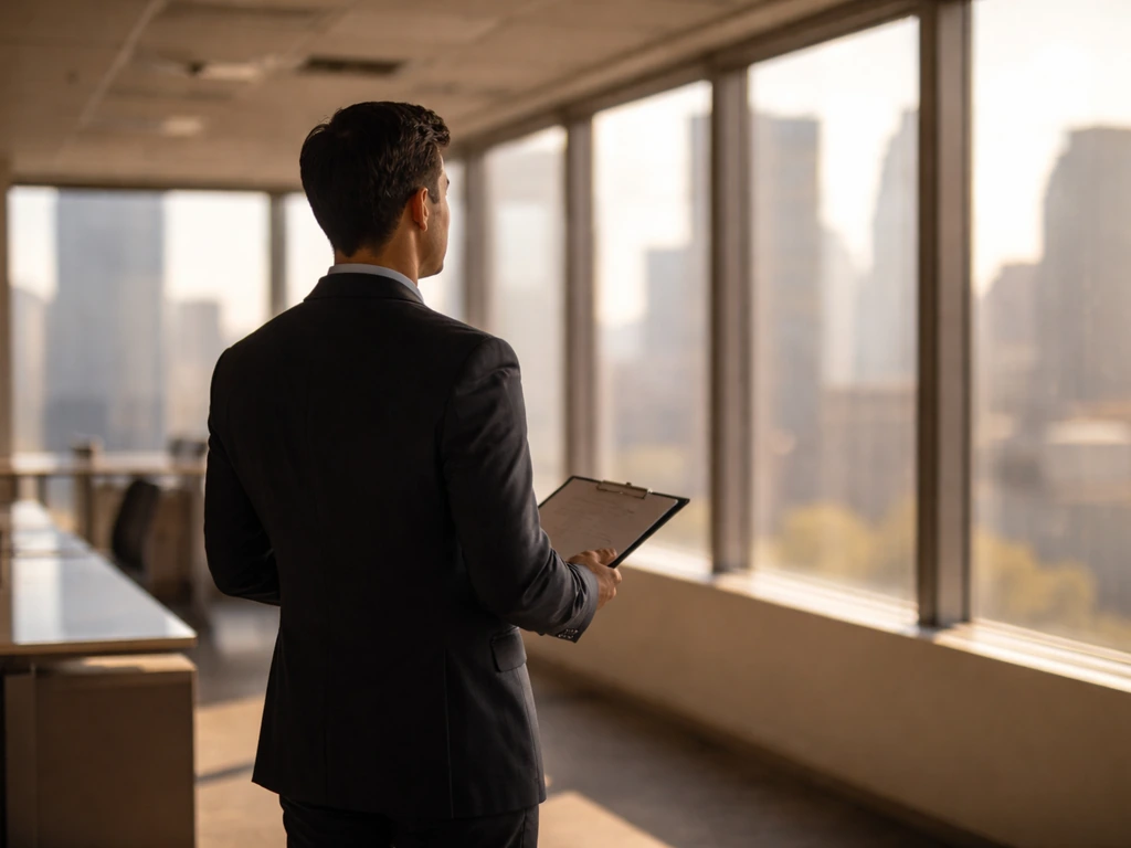 Anonymous finance professional in a New York trading-floor setting with city view through windows