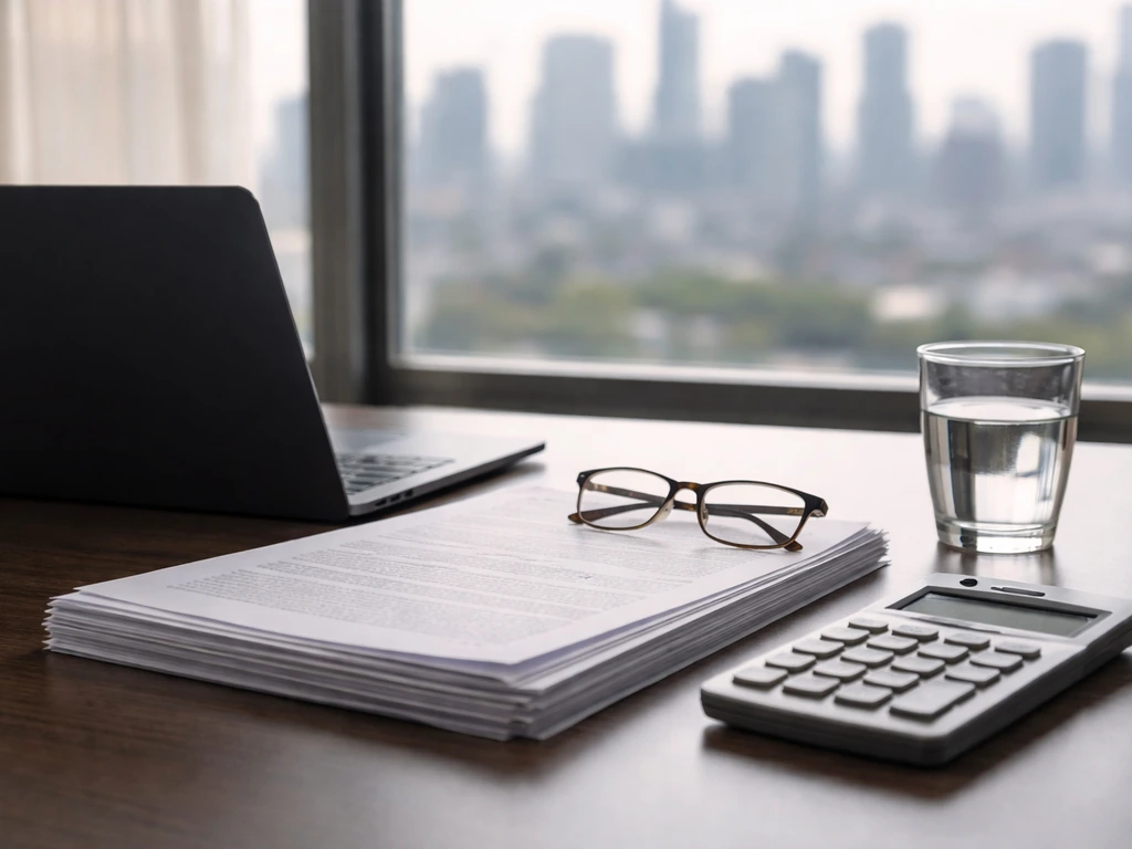 Minimal desk scene with laptop, documents, calculator, and glasses symbolizing public disclosures analysis