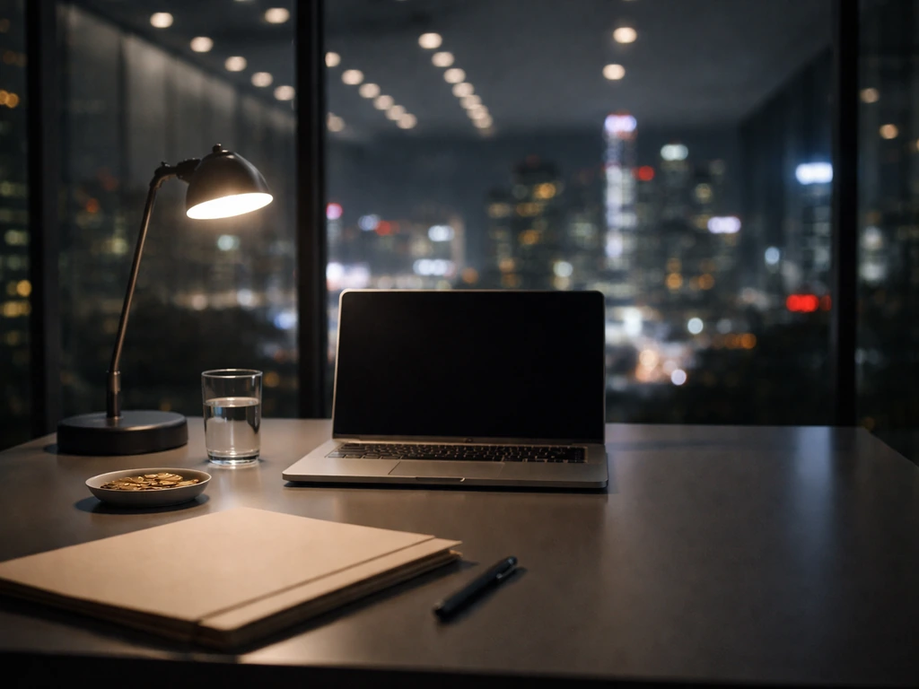 Minimal office scene with an anonymous trading workstation and city skyline symbols of electronic market making.