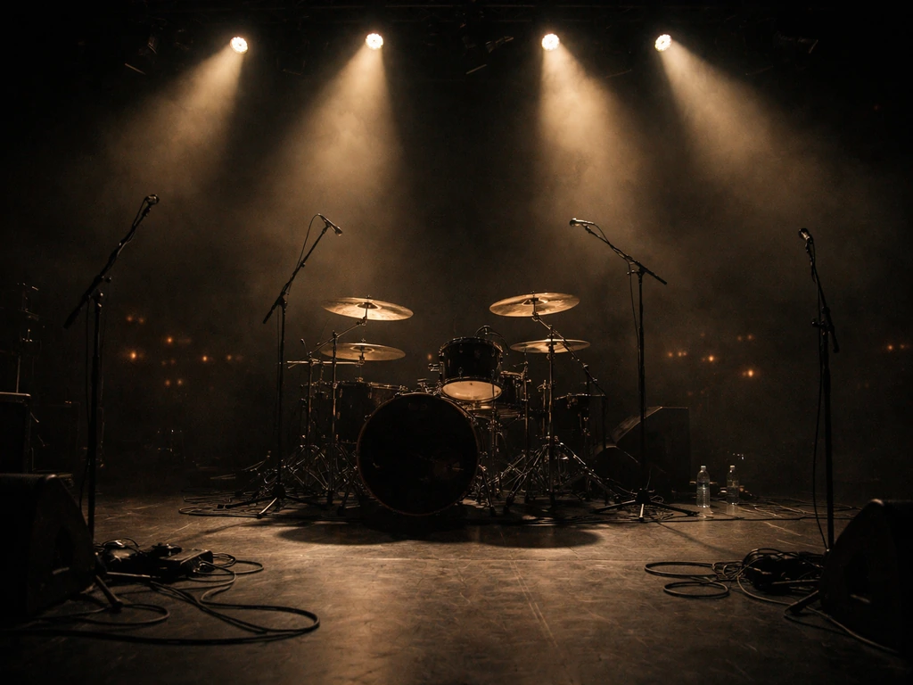 Drum kit on a quiet heavy-metal concert stage with warm spotlights and light haze in the air.