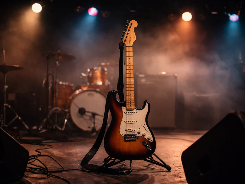 Close-up of a vintage guitar and concert venue lights, symbolizing the music career after Pantera.