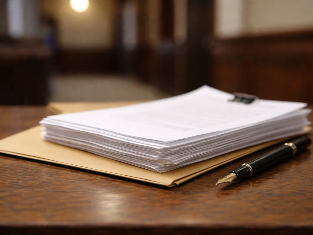 Close-up of probate court paperwork on a simple wooden desk with a fountain pen and folder