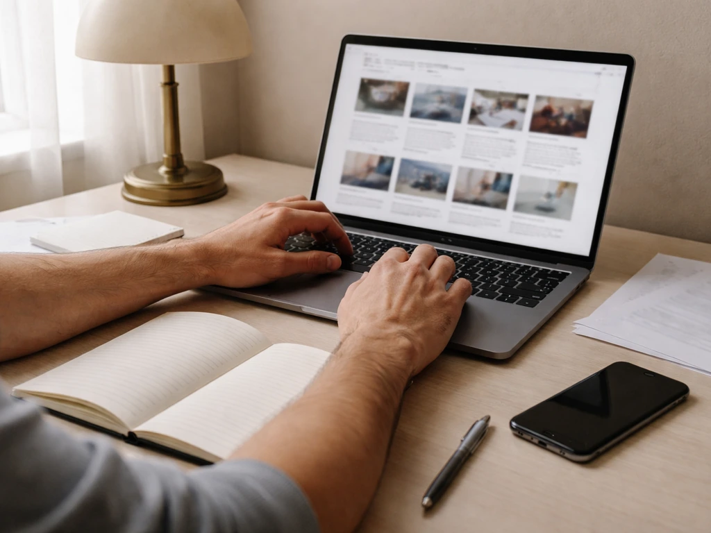 Anonymous hands reviewing sources on a laptop with an open notebook during financial estimate verification.