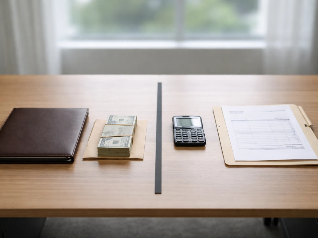 Minimal office desk showing cash and portfolio on one side, bills folder on the other.