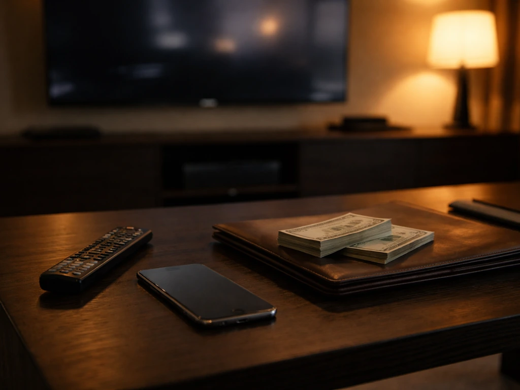 Minimal office desk scene with a TV remote and HBO-style luxury ambiance, symbolizing TV income.