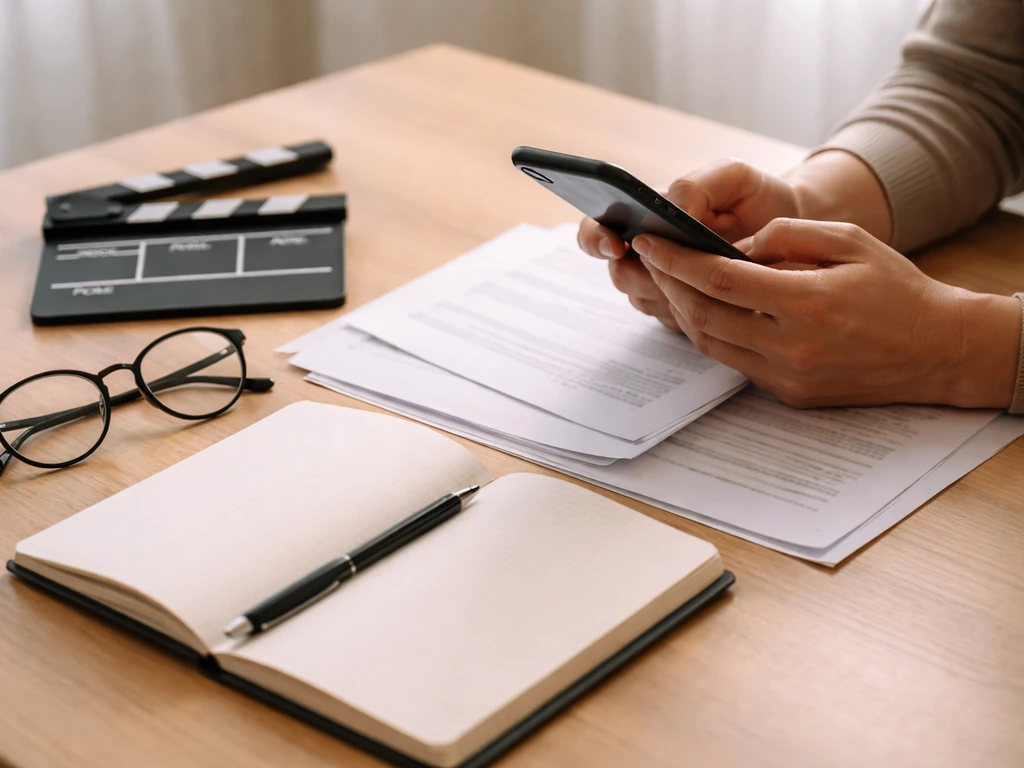 Person reviewing a smartphone list and documents on a desk, suggesting verifying a media estimate