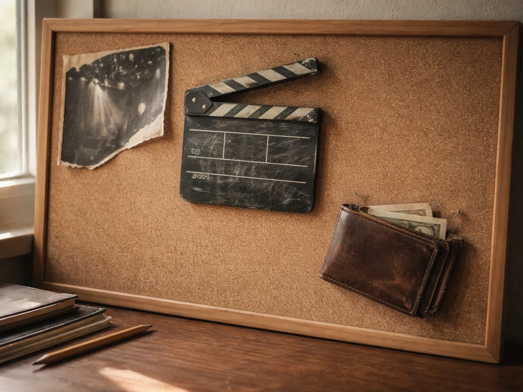 Cork board with vintage stage and film items pinned beside a wallet, evoking career eras and wealth.