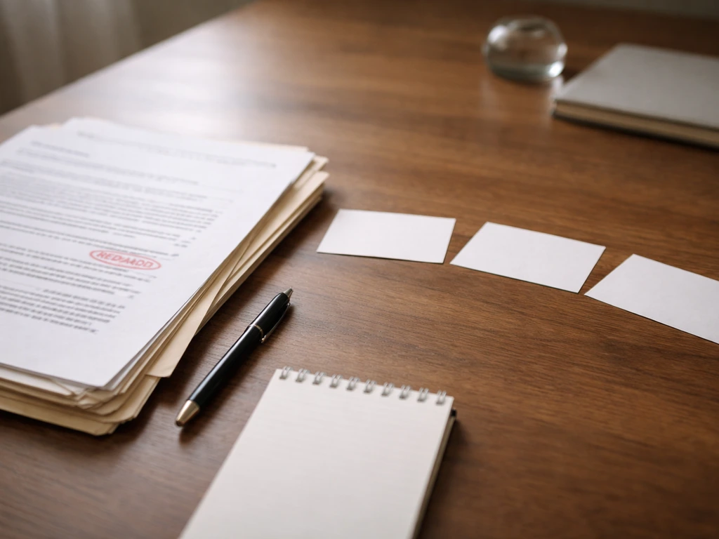 Close-up of anonymous probate and estate paperwork with a pen and unlabeled index-card timeline on a desk.