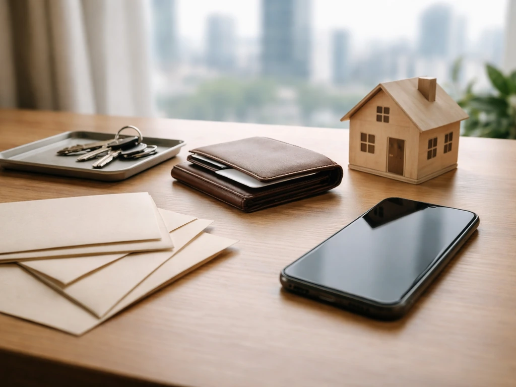 Anonymous desk with keys, wallet, house model, envelopes, and blank notebook symbolizing assets minus debts.
