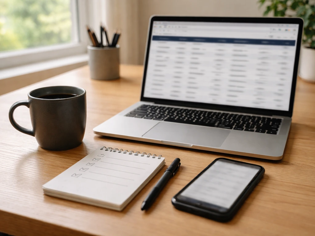 Minimal desk scene with blurred laptop results and a notepad showing checkmarks for source verification