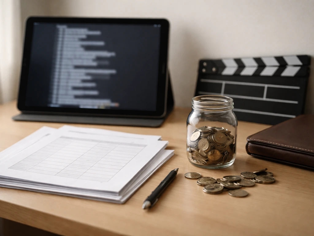 Minimal desk scene with media credits paperwork, a tablet, and coins symbolizing net-worth estimate construction.