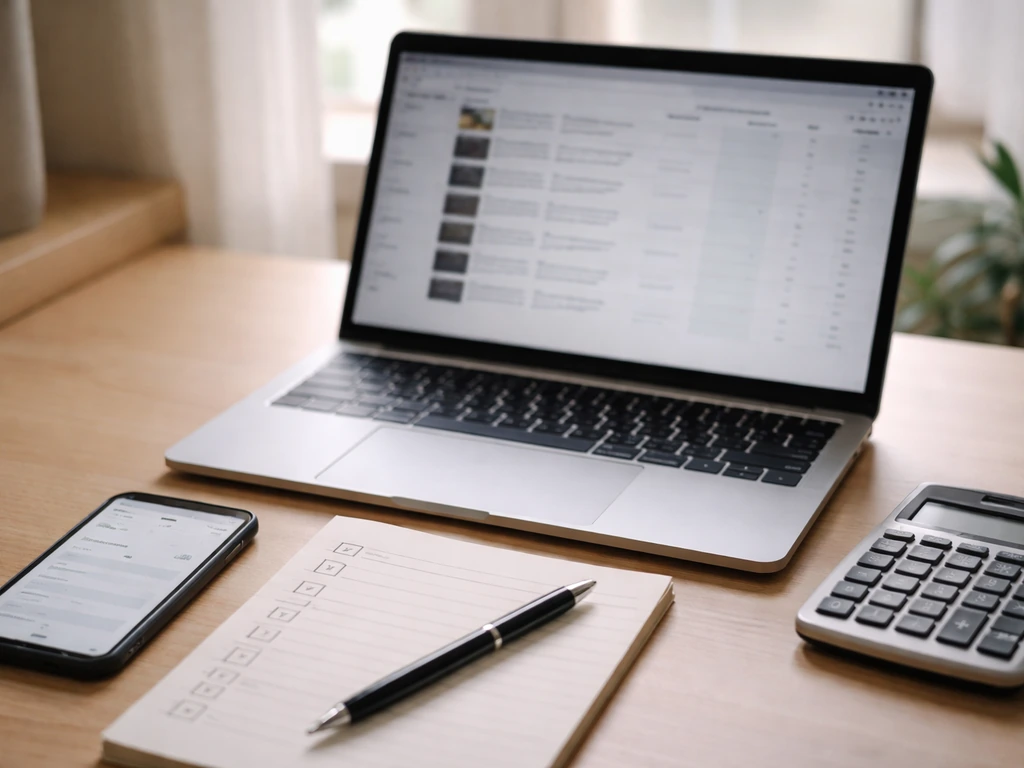 Home office desk with laptop and checklist items suggesting verifying a film credit and money figures