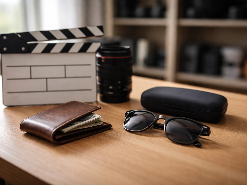 Minimal studio and fashion-motif scene showing money flow through film and brand work