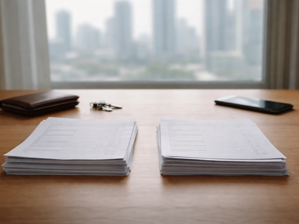 Minimal desk scene with two different-looking stacks of documents suggesting conflicting net-worth estimates