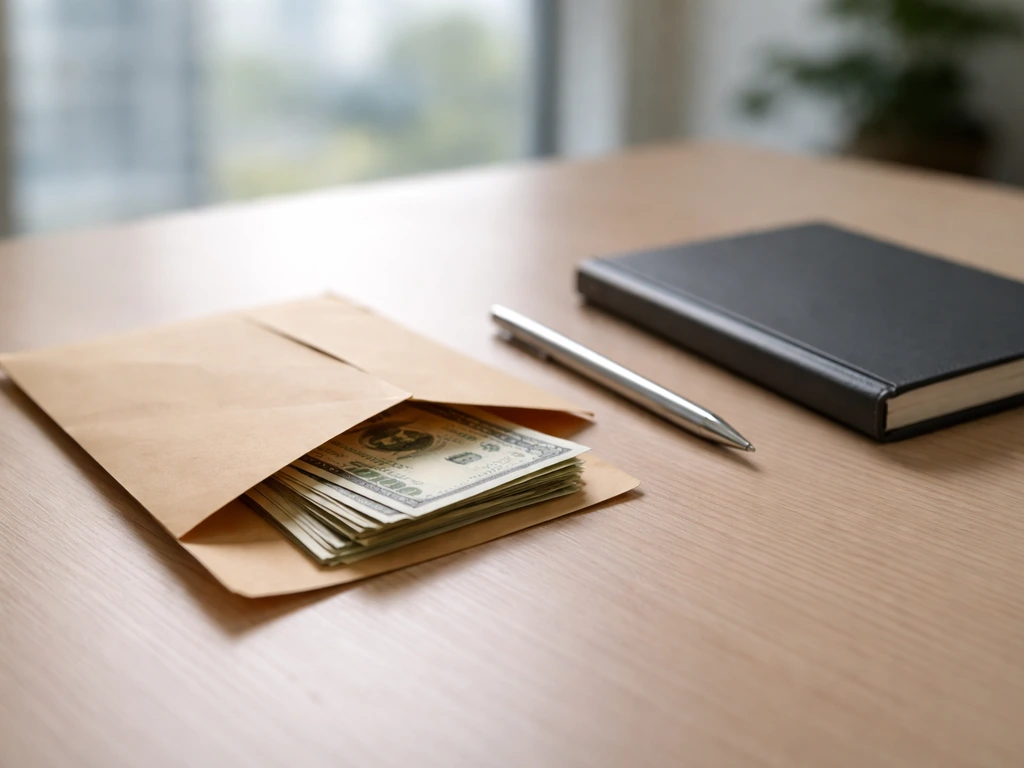 Minimal business desk scene with a prominent envelope and cash in soft light, symbolizing net worth range