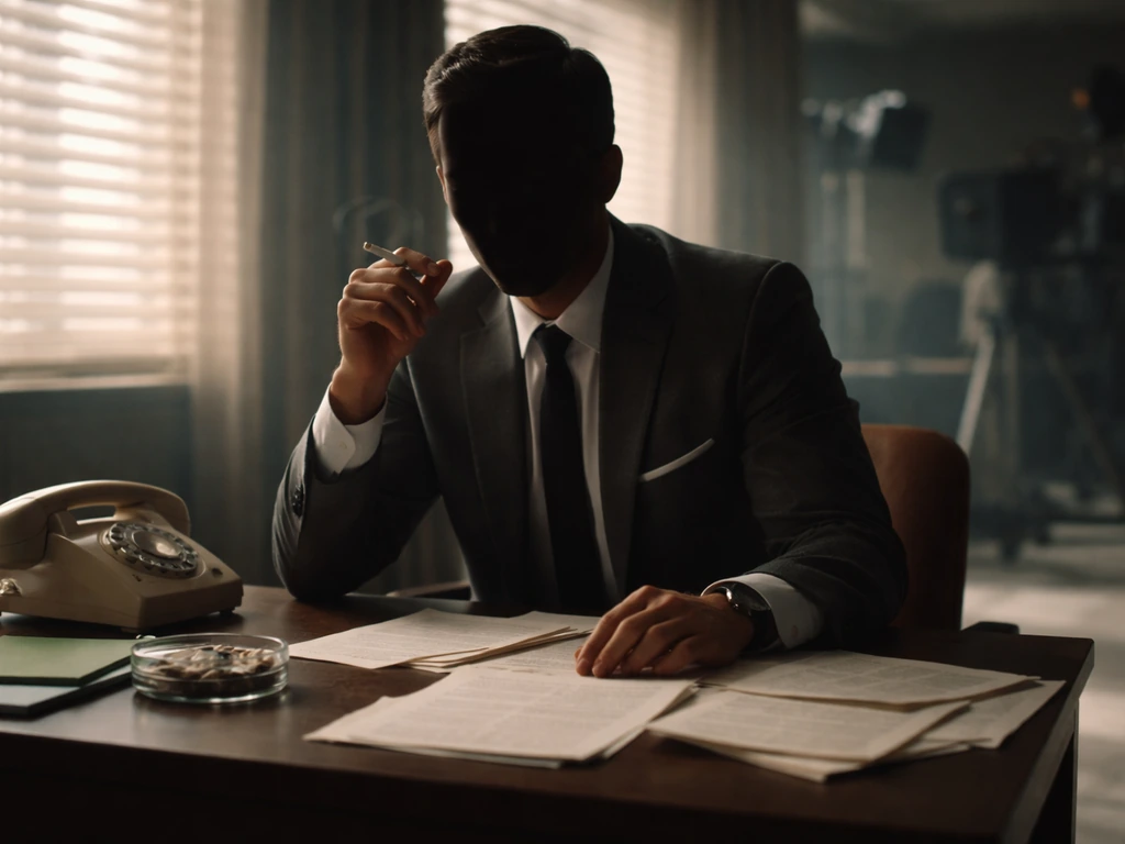 Anonymous person in a 1960s office setting with a rotary phone and studio lights, evoking classic TV drama.