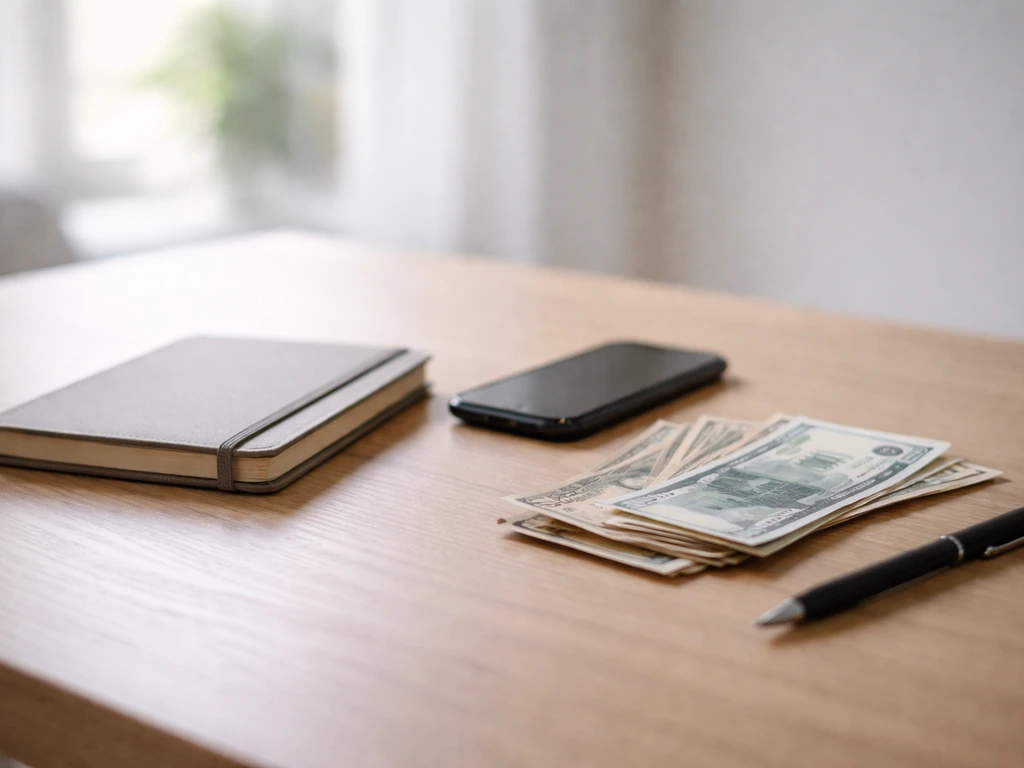 Minimal desk scene with scattered currency and a smartphone, symbolizing celebrity net worth range estimates.