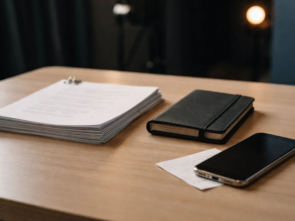 Minimal photo of TV script pages beside a smartphone and a calendar, suggesting TV paycheck focus