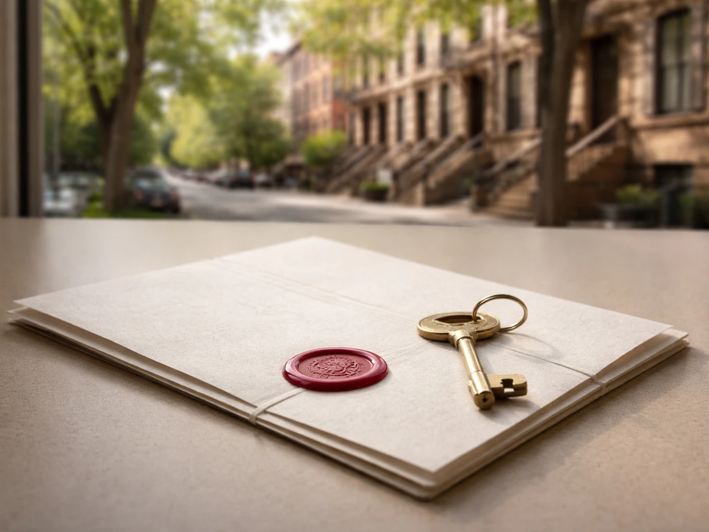Close-up of sealed real-estate closing papers and a key with a softly blurred Brooklyn streetscape backdrop.