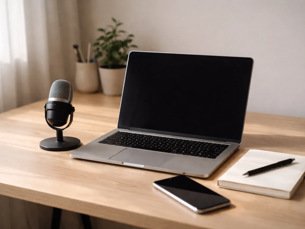 Minimal photo of a laptop and microphone on a desk, symbolizing digital marketing and business presence.