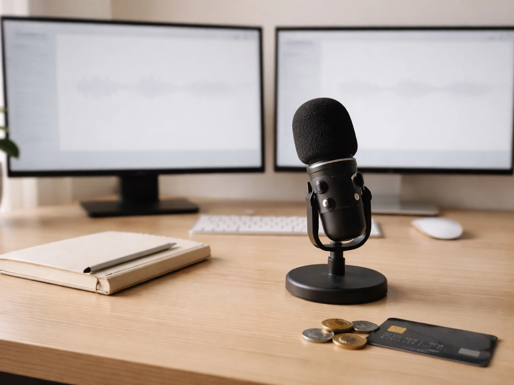 Minimal studio desk with microphone, coins, and out-of-focus monitors showing blank monetization panels