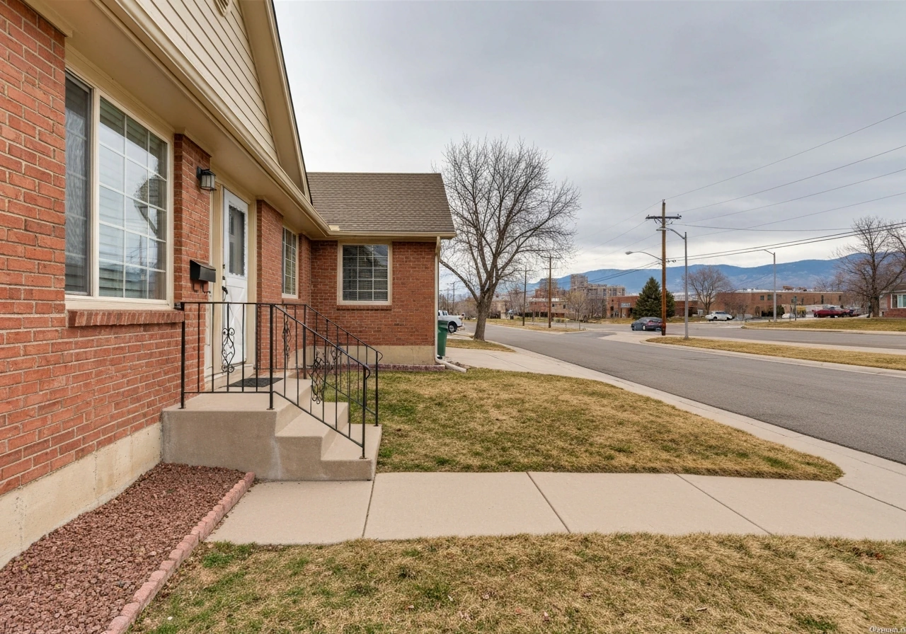 Quiet Denver townhouse exterior with driveway and walkway, no people, minimal real-estate evidence scene.