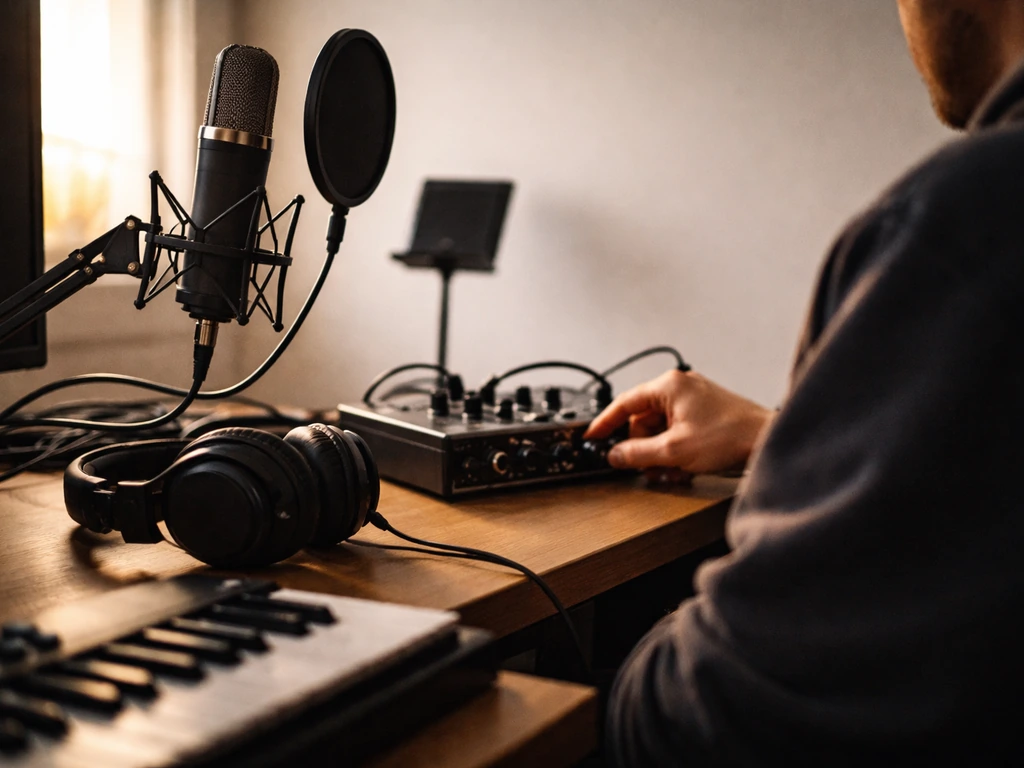 Minimal studio scene with an anonymous music producer working at a desk with audio gear and headphones.