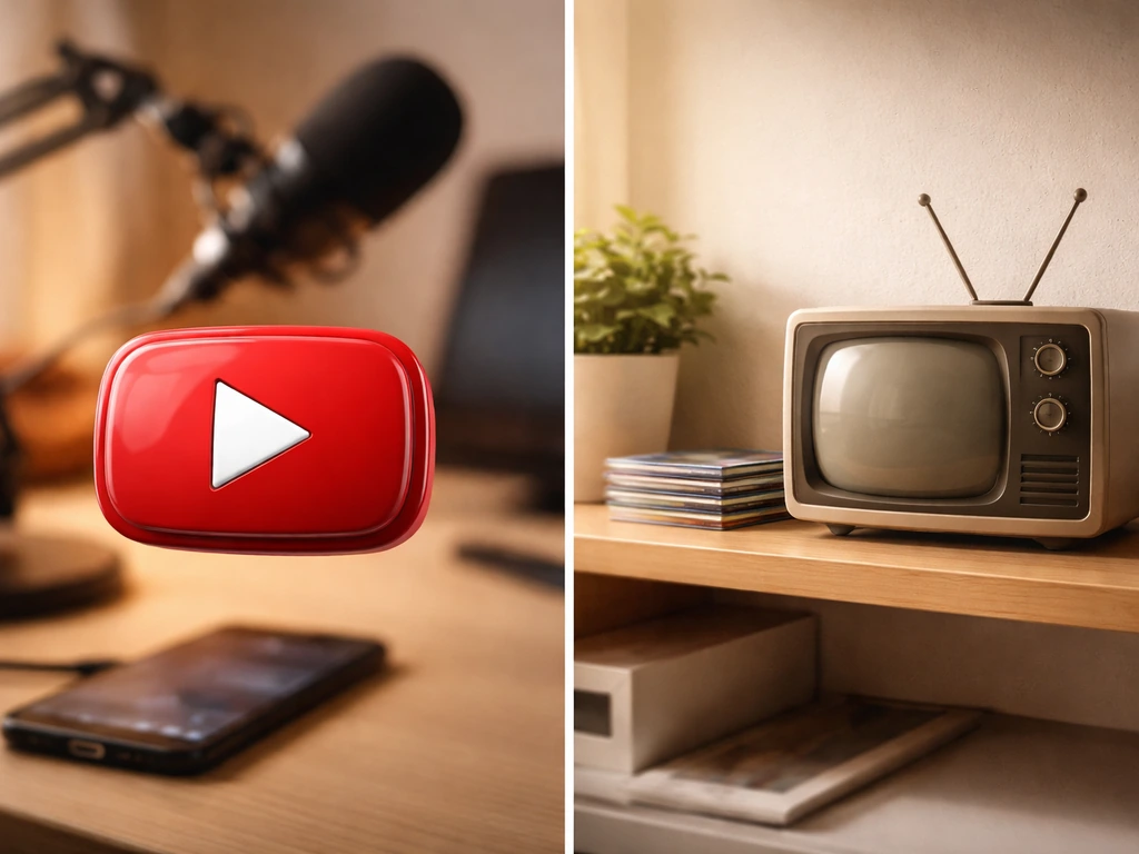 Minimal split scene of digital video play icon beside a broadcast/media icon over a studio desk.