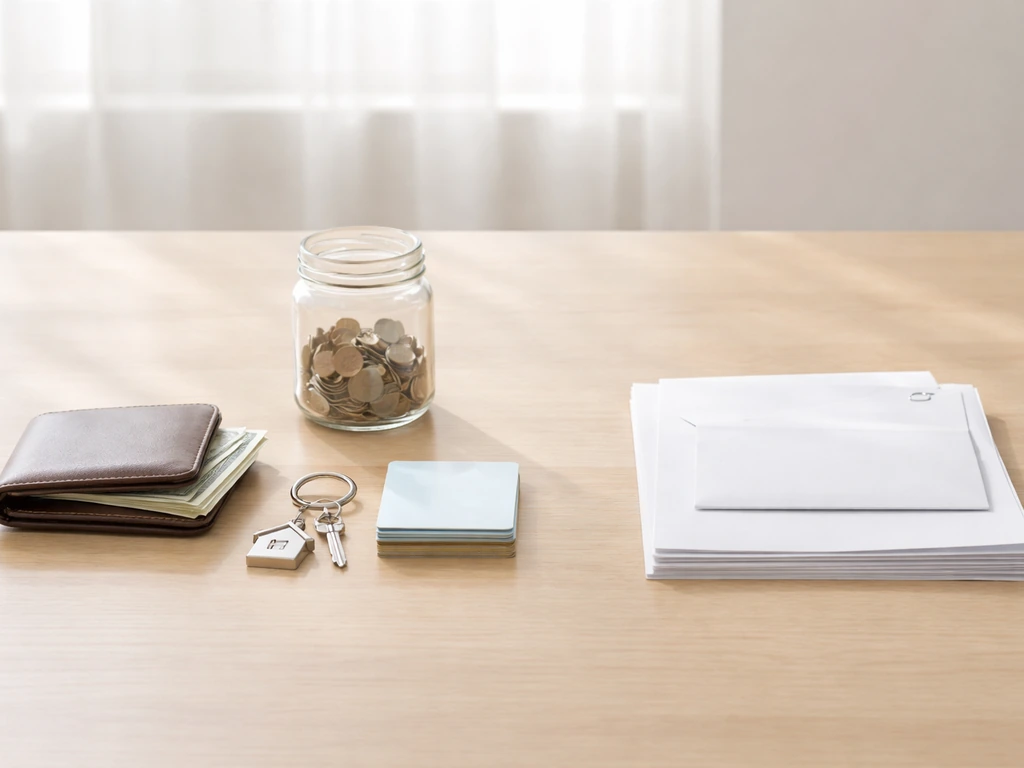 Minimal desk photo with asset items on one side and bill/loan documents on the other.