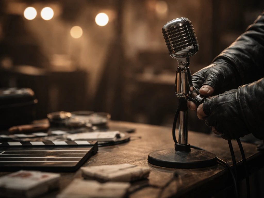 Anonymous crew hands adjusting a studio microphone on a film/TV set, suggesting high-profile acting.