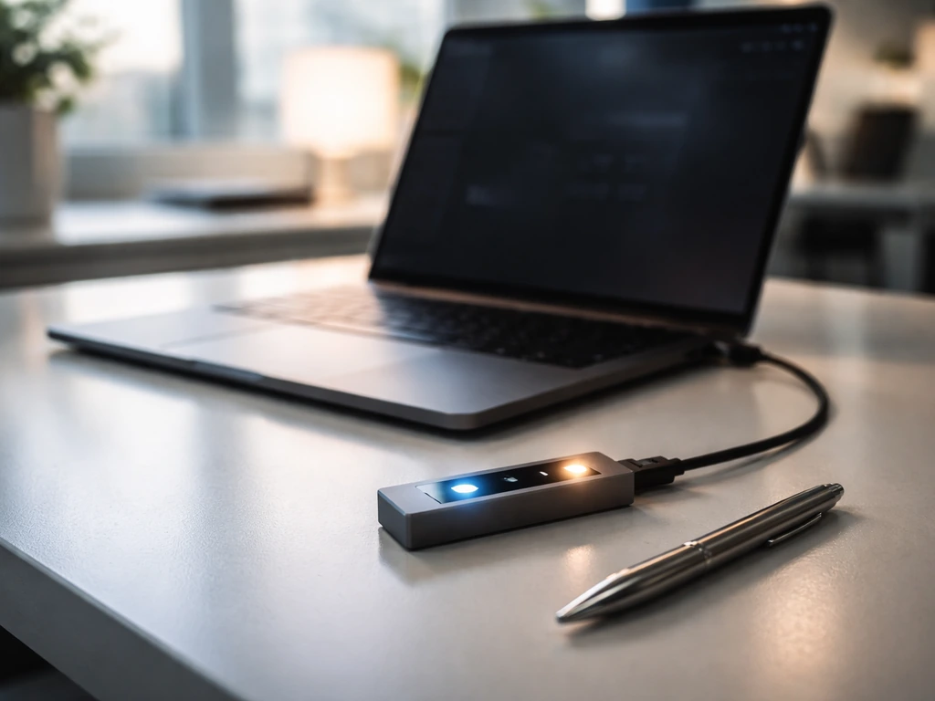 Minimal tech workspace with a glowing crypto wallet device and laptop in a modern office setting.