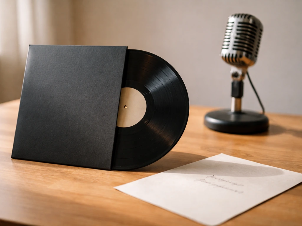 Minimal photo of a vinyl record and mic beside handwritten note, symbolizing verifying a Philadelphia underground rapper