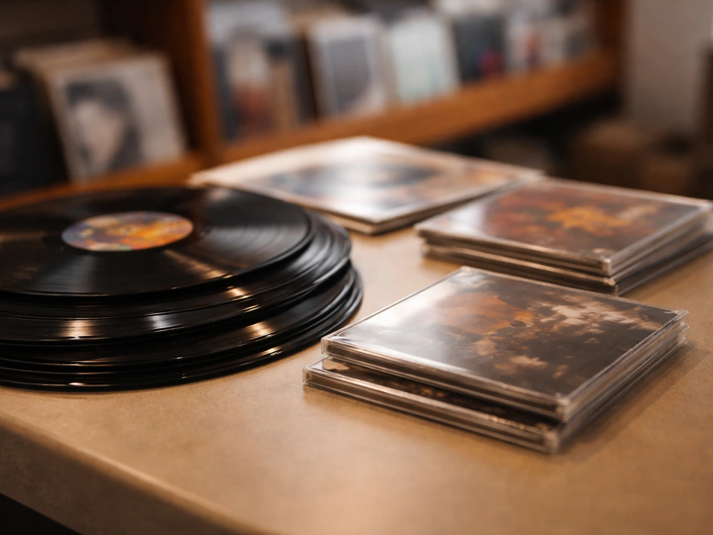 Close-up of CD and vinyl records on a shop table, showing music album sales vibe.