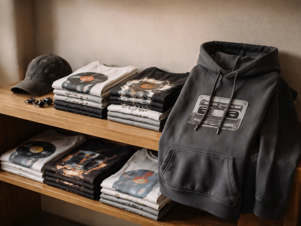 Neatly arranged music merchandise—folded shirts and a hoodie on a simple wooden shelf.